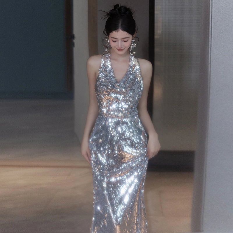 Rochie de seară din poliester, decolteu halter, fără mâneci, lungă, talie înaltă, siluetă în formă de coadă de pește