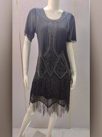 Φόρεμα με χάντρες και παγιέτες, κοντά μανίκια με κρόσια, midi Α-γραμμή, στρογγυλό λαιμό, πολυεστέρας, γεωμετρικό μοτίβο