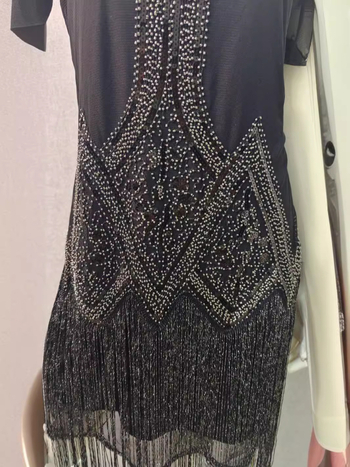 Φόρεμα με χάντρες και παγιέτες, κοντά μανίκια με κρόσια, midi Α-γραμμή, στρογγυλό λαιμό, πολυεστέρας, γεωμετρικό μοτίβο