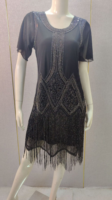 Φόρεμα με χάντρες και παγιέτες, κοντά μανίκια με κρόσια, midi Α-γραμμή, στρογγυλό λαιμό, πολυεστέρας, γεωμετρικό μοτίβο