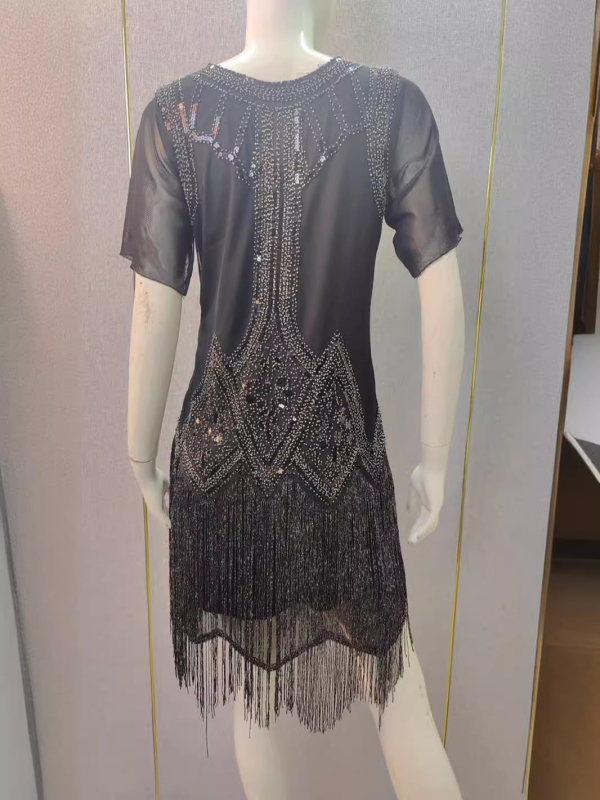 Φόρεμα με χάντρες και παγιέτες, κοντά μανίκια με κρόσια, midi Α-γραμμή, στρογγυλό λαιμό, πολυεστέρας, γεωμετρικό μοτίβο