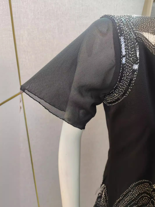 Φόρεμα με χάντρες και παγιέτες, κοντά μανίκια με κρόσια, midi Α-γραμμή, στρογγυλό λαιμό, πολυεστέρας, γεωμετρικό μοτίβο