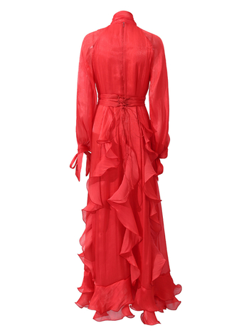 Duga haljina u palaćnom stilu sa stojećim ovratnikom, visokim strukom, dugim rukavima, rub s volanima u obliku lotosovog lista, mješavina poliestera i pamuka