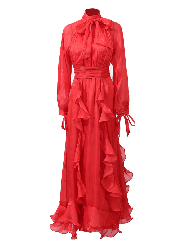 Duga haljina u palaćnom stilu sa stojećim ovratnikom, visokim strukom, dugim rukavima, rub s volanima u obliku lotosovog lista, mješavina poliestera i pamuka