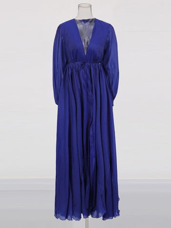 Rochie de seară stil franțuzesc, culoare solidă, decolteu în V adânc, mâneci lungi, fustă lungă cu croială largă