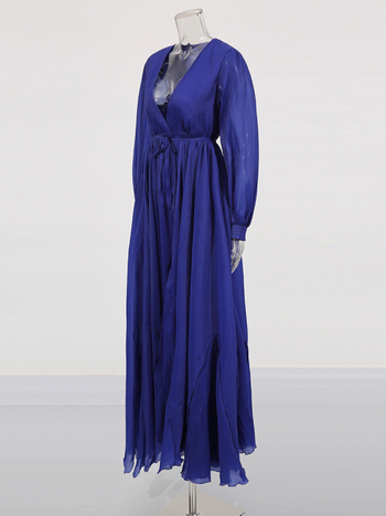 Rochie de seară stil franțuzesc, culoare solidă, decolteu în V adânc, mâneci lungi, fustă lungă cu croială largă