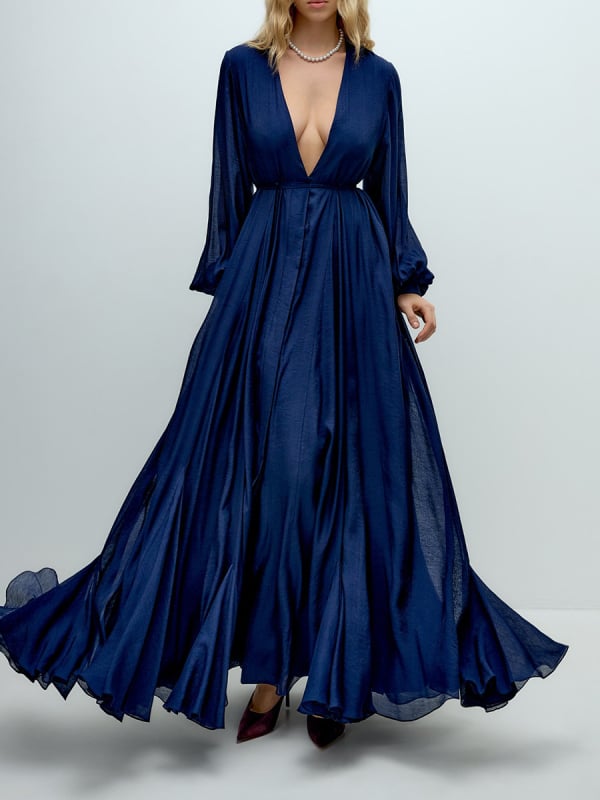 Rochie de seară stil franțuzesc, culoare solidă, decolteu în V adânc, mâneci lungi, fustă lungă cu croială largă