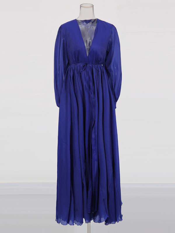 Rochie de seară stil franțuzesc, culoare solidă, decolteu în V adânc, mâneci lungi, fustă lungă cu croială largă