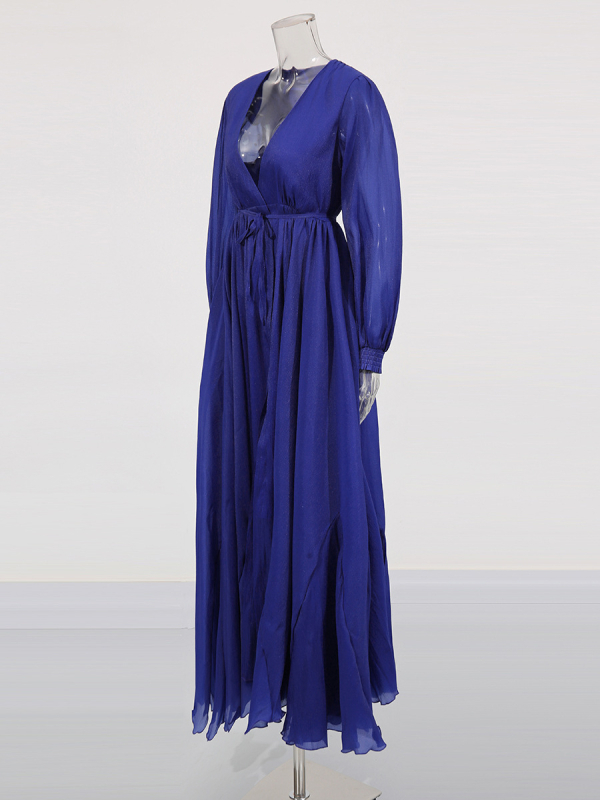 Rochie de seară stil franțuzesc, culoare solidă, decolteu în V adânc, mâneci lungi, fustă lungă cu croială largă