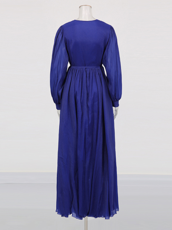 Rochie de seară stil franțuzesc, culoare solidă, decolteu în V adânc, mâneci lungi, fustă lungă cu croială largă