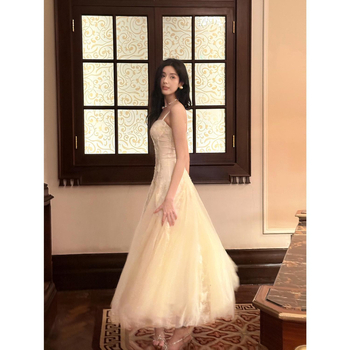 Duga balna haljina bez rukava, s visokim strukom, od poliestera, elegantna večernja haljina