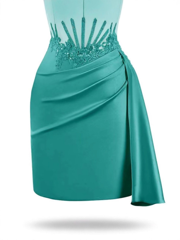 Rochie de seară din plasă cu broderie, fără mâneci, decolteu adânc în V, lungă, material poliester