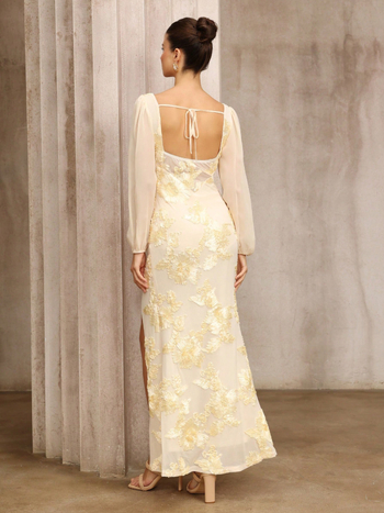 Hiina stiililine kleit lillede tikandiga, kõrge vöökoht, midi pikkus, polüester-elastaani segu