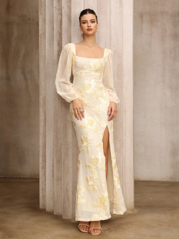 Hiina stiililine kleit lillede tikandiga, kõrge vöökoht, midi pikkus, polüester-elastaani segu