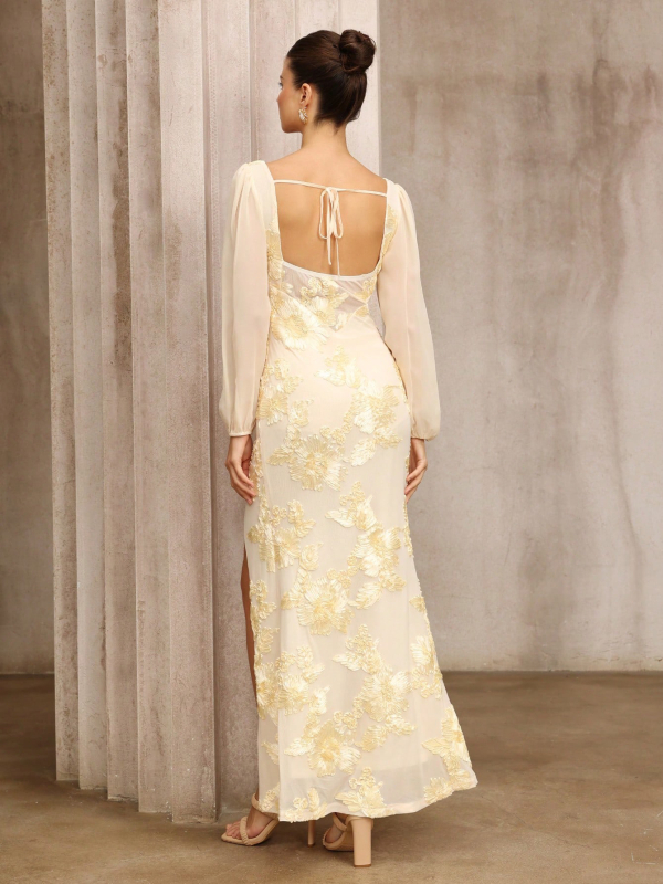 Hiina stiililine kleit lillede tikandiga, kõrge vöökoht, midi pikkus, polüester-elastaani segu