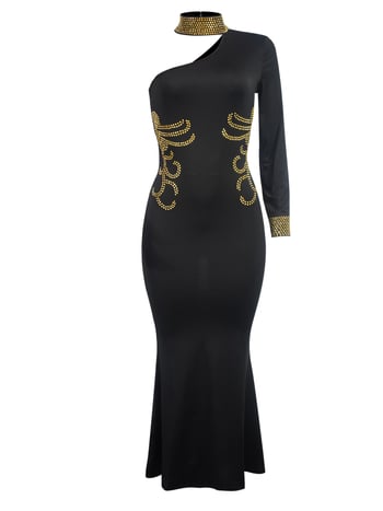 Pletena haljina s visokim ovratnikom, dugi rukavi, struk u sredini, duga suknja, detalji šivanja