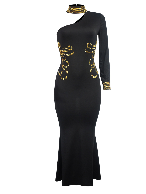 Pletena haljina s visokim ovratnikom, dugi rukavi, struk u sredini, duga suknja, detalji šivanja