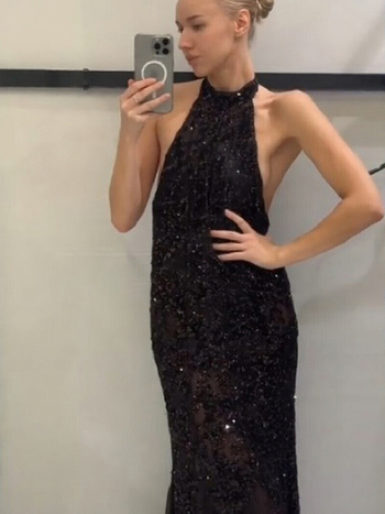 Haljina s halterom, šljokicama, duga haljina od poliestera, visok struk