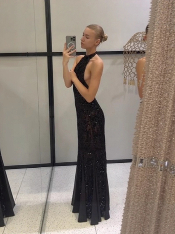 Haljina s halterom, šljokicama, duga haljina od poliestera, visok struk