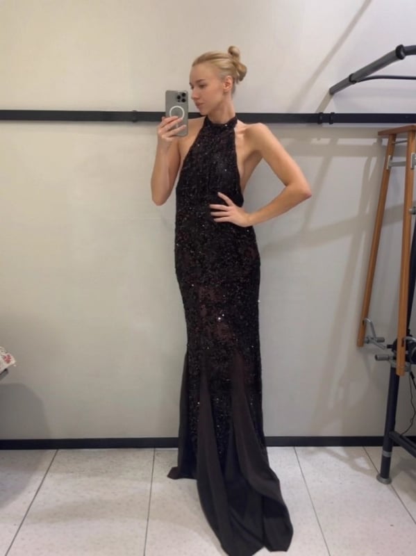 Haljina s halterom, šljokicama, duga haljina od poliestera, visok struk