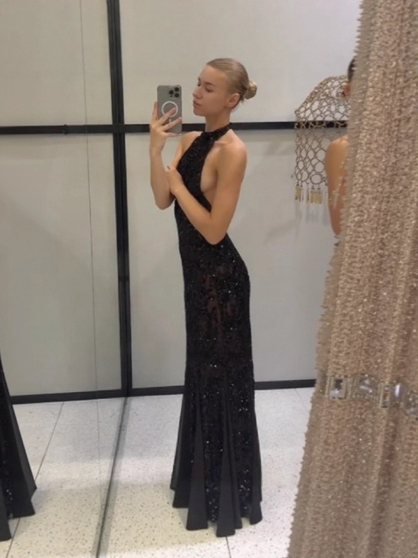 Haljina s halterom, šljokicama, duga haljina od poliestera, visok struk