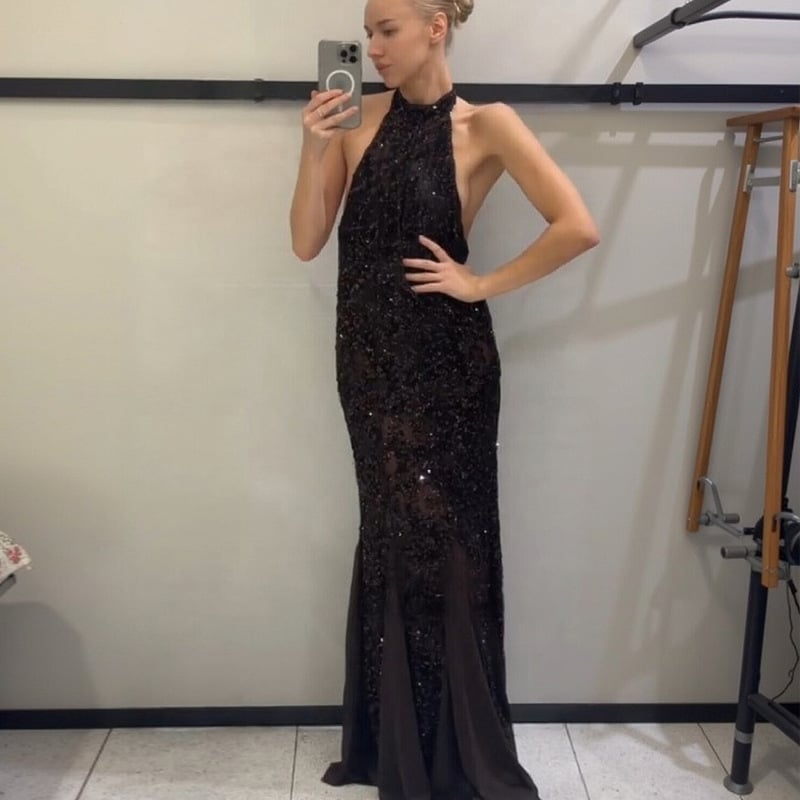 Haljina s halterom, šljokicama, duga haljina od poliestera, visok struk