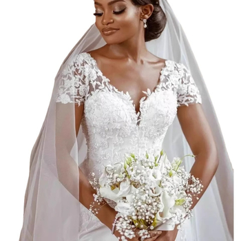 Булчинска рокля с V-образно деколте, мрежеста тъкан, без ръкави, висока талия, силует рибешка опашка, полиестер