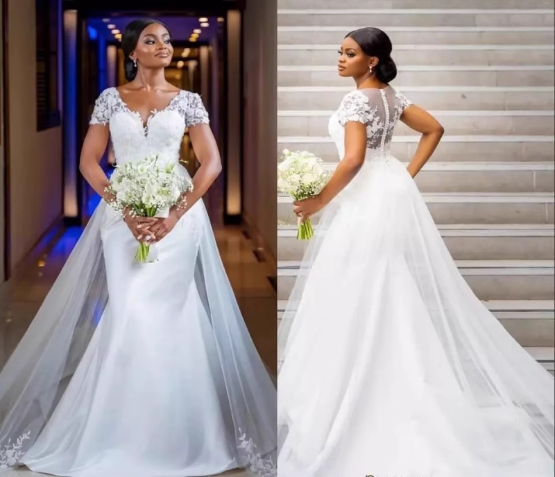 Булчинска рокля с V-образно деколте, мрежеста тъкан, без ръкави, висока талия, силует рибешка опашка, полиестер