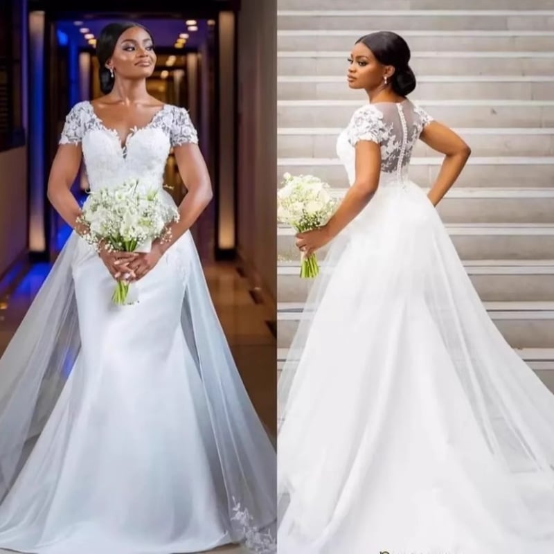 Булчинска рокля с V-образно деколте, мрежеста тъкан, без ръкави, висока талия, силует рибешка опашка, полиестер