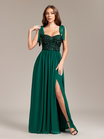 Rochie de seară din paiete și chiffon, croială A-line, fără spate, despicare înaltă