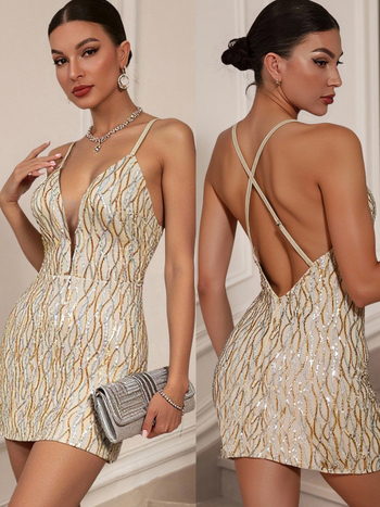 Haljina s pailetama na trakama, V izrez, bez rukava, geometrijski uzorak, poliester smjesa, kolagijsko šivanje