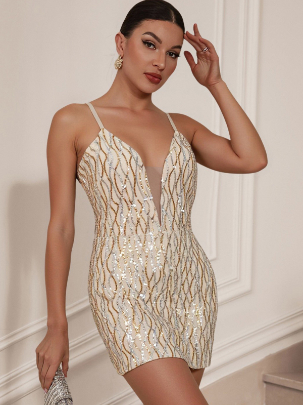 Haljina s pailetama na trakama, V izrez, bez rukava, geometrijski uzorak, poliester smjesa, kolagijsko šivanje