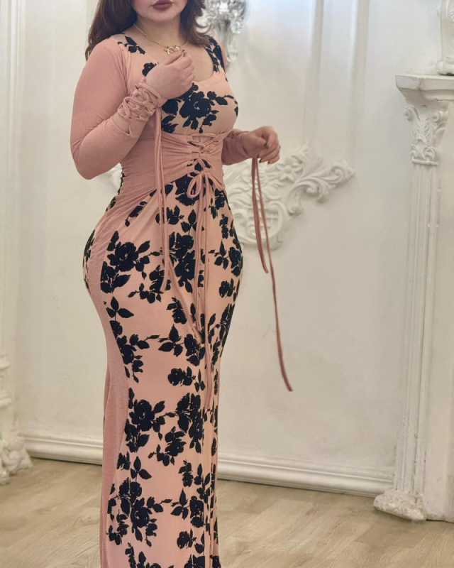 Večernja haljina od poliestera, dugi rukavi, U-izrez, silueta na bokovima, duga dužina