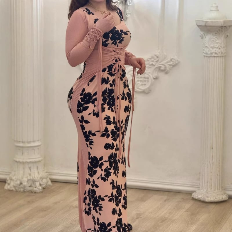 Večernja haljina od poliestera, dugi rukavi, U-izrez, silueta na bokovima, duga dužina