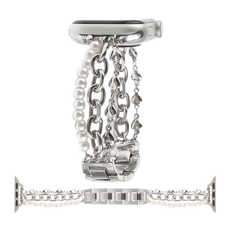 Brățară metalică pentru Apple Watch, în stil brățară, cu perle și lanț Cuban — Rekdn