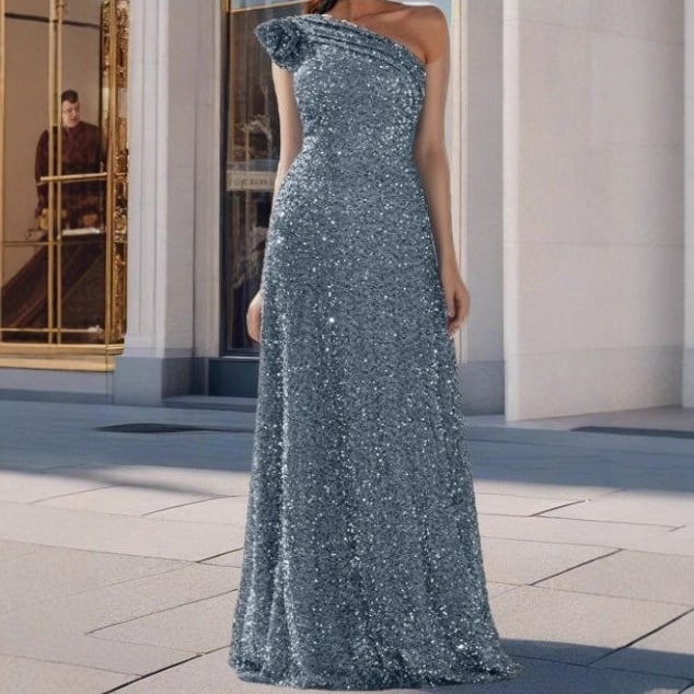 Haljina s jednim ramenom, bez rukava, s toplim otiskom cvjetne izvezenine, bal haljina s ribljim repom, poliester