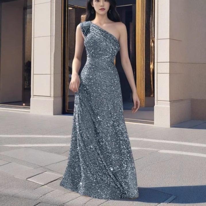 Haljina s jednim ramenom, bez rukava, s toplim otiskom cvjetne izvezenine, bal haljina s ribljim repom, poliester