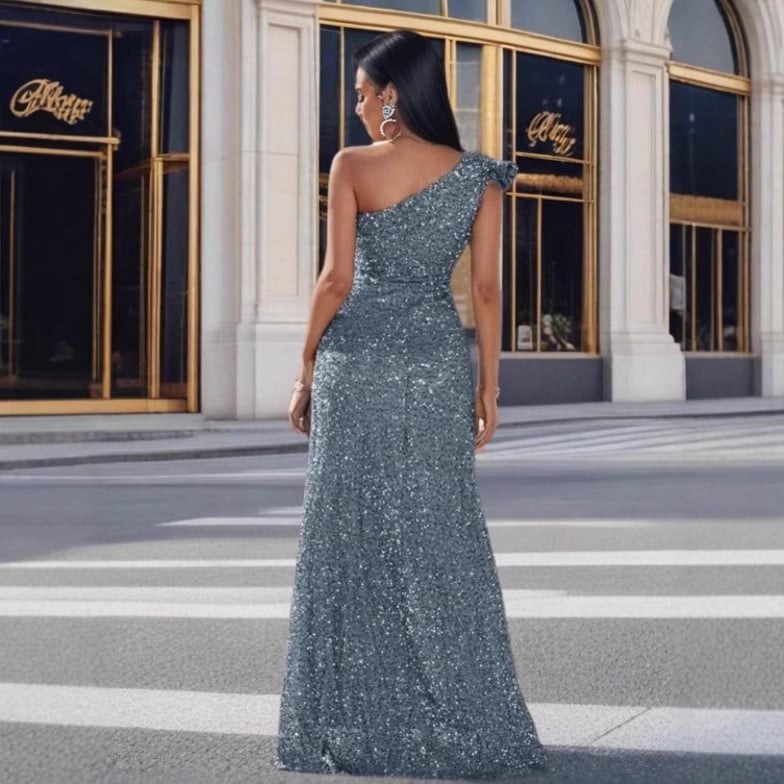 Haljina s jednim ramenom, bez rukava, s toplim otiskom cvjetne izvezenine, bal haljina s ribljim repom, poliester