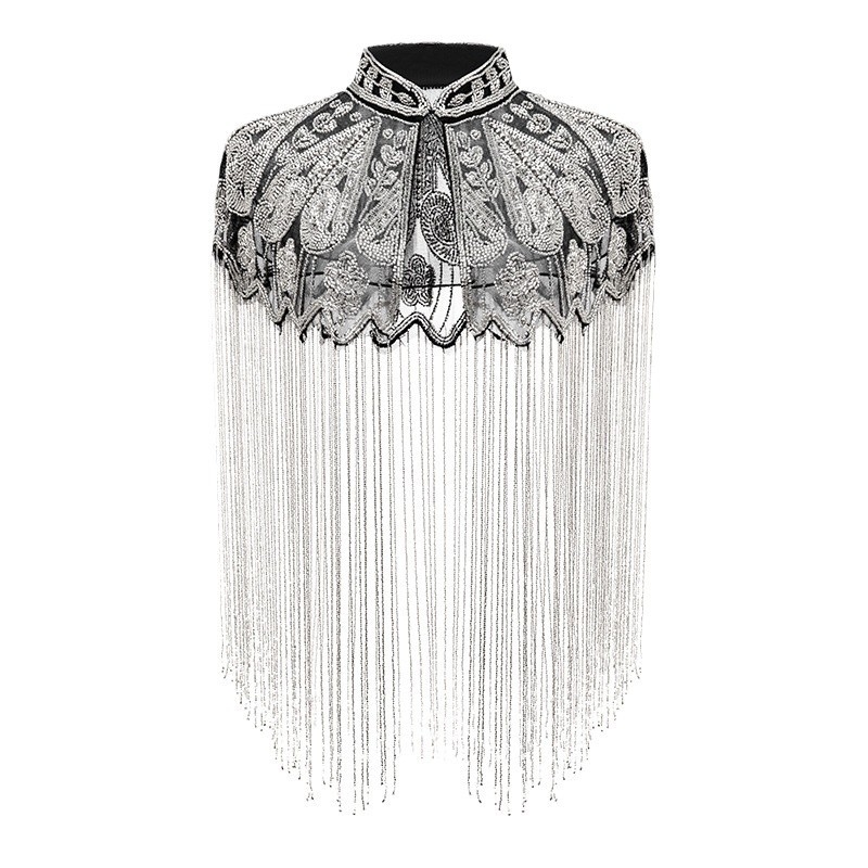 Csillogó gyöngyös ruha-sál kézzel készített bojtokkal – poliészter, minden évszakra, retró bál-stílus