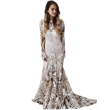 Сватбена вечерна рокля от полиестер, дълбоко V-образно деколте, дълги ръкави, дълга пола, къс шлейф