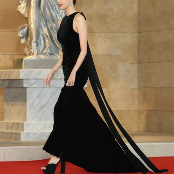 Večernja haljina s halterom, visokim strukom, bez rukava, duga suknja, A-linija silueta