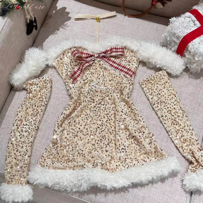 Seksi božićni uniformni set s fliterima – Žensko rublje s rukavima i trakom za kosu, stil suknje s naramenicama, polyester 80–90%