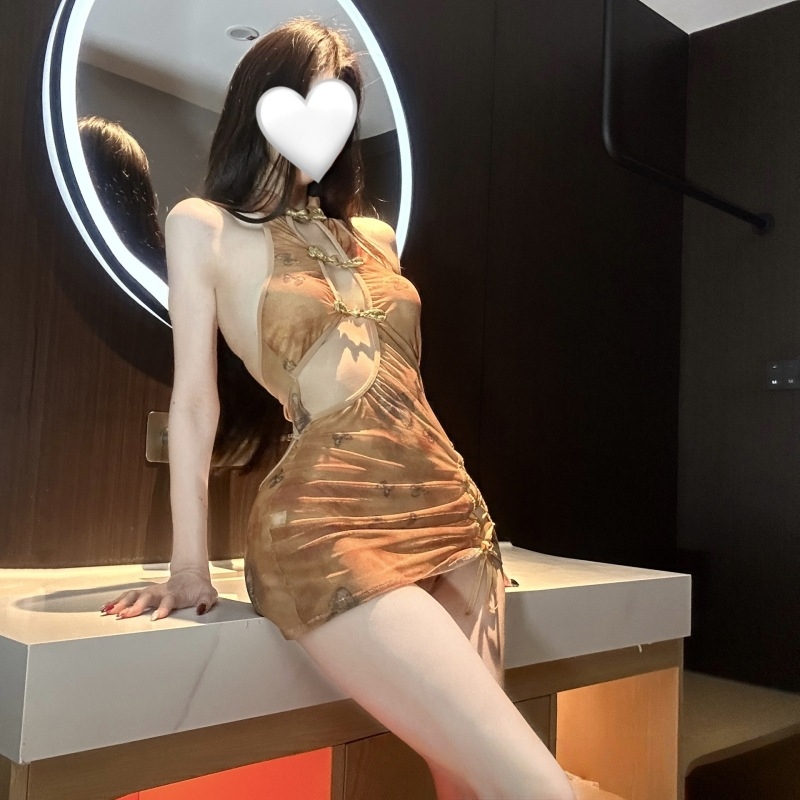 Plus veličine kineski stil cheongsam haljina s prozirnim materijalom, prorezom – seksi donje rublje za igru uloga