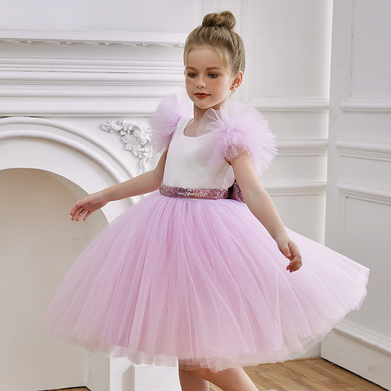 Gyerekeknek szóló mesh-re vagy hálószövésű anyagból készült hercegnő ruha bulikra és fellépésekre, poliészter külső, pamut bélés, 3–8 éveseknek