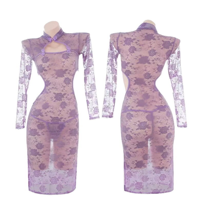 Skaidri nėrinių cheongsam stiliaus suknelė su halter kaklu, bodycon siluetas, poliesteris 50–70%