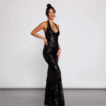 Poliészter estélyi ruha nyakba kötős kivitelben, flitterekkel, karcsú sziluettel és hosszú uszályos fazonban, party viselet