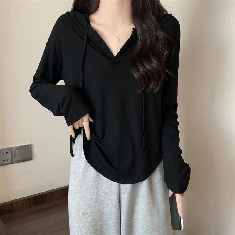 Tricou în stil coreean, croială slim-fit, mâneci lungi, decolteu în V, amestec poliester-bumbac