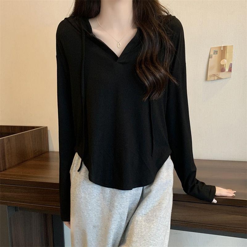 Tricou în stil coreean, croială slim-fit, mâneci lungi, decolteu în V, amestec poliester-bumbac