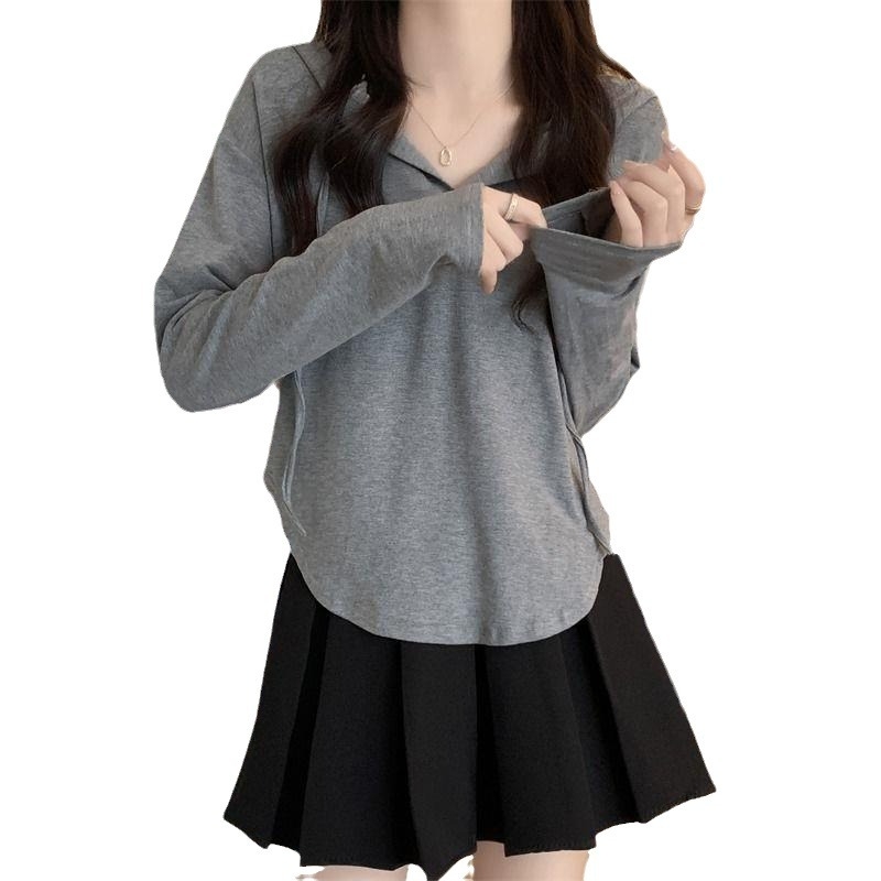 Tricou în stil coreean, croială slim-fit, mâneci lungi, decolteu în V, amestec poliester-bumbac