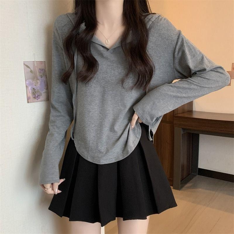 Tricou în stil coreean, croială slim-fit, mâneci lungi, decolteu în V, amestec poliester-bumbac